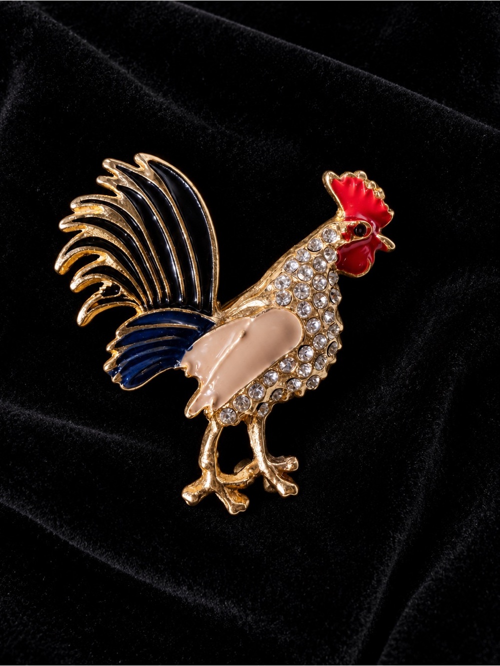 Rooster Brooch in Gold, Navy, Red, and Beige with Clear Stones